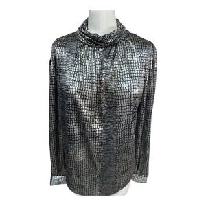 Vintage Lauren Lee Silver Metallic Blouse High Neck Disco Glam Rockabilly Size 8
